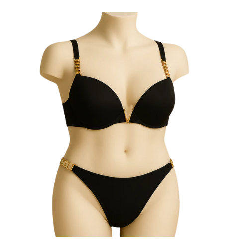 High-Quality Push-Up Bra & Panty Set 195 | Chain Straps, Front V Buckle, Smooth & Sequin Design.