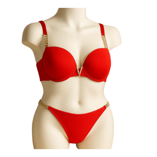 High-Quality Push-Up Bra & Panty Set 195 | Chain Straps, Front V Buckle, Smooth & Sequin Design.