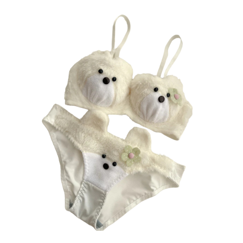 High-Quality Soft Plush Kitty Anime Bra & Panty Set E07 | Wireless, Adjustable Straps, Cute Cartoon Design.