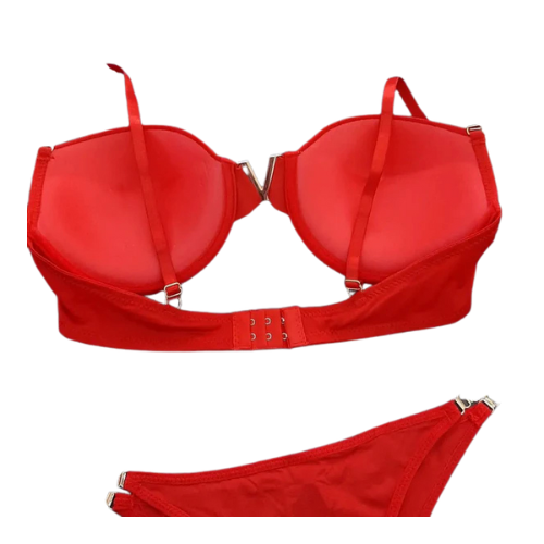 High-Quality Push-Up Bra & Panty Set 195 | Chain Straps, Front V Buckle, Smooth & Sequin Design.