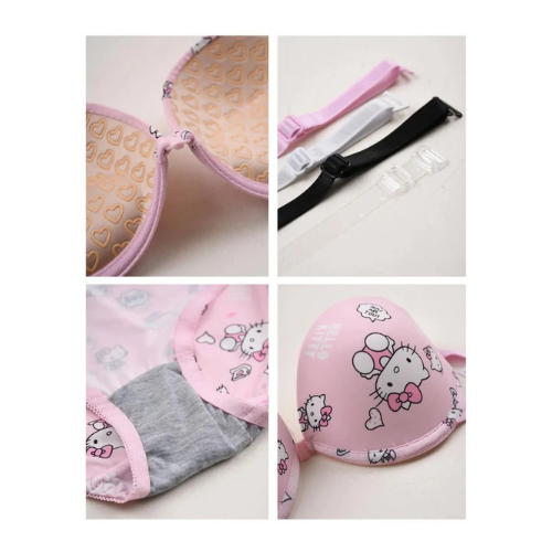 Front-Open 4-in-1 Push-Up Bra & Panty Set 016 | Hello Kitty Print, Adjustable Straps, High Quality.