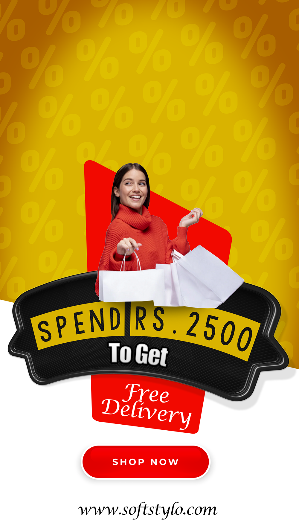 Promotional advertisement with a woman holding shopping bags against a yellow background with discount symbols.